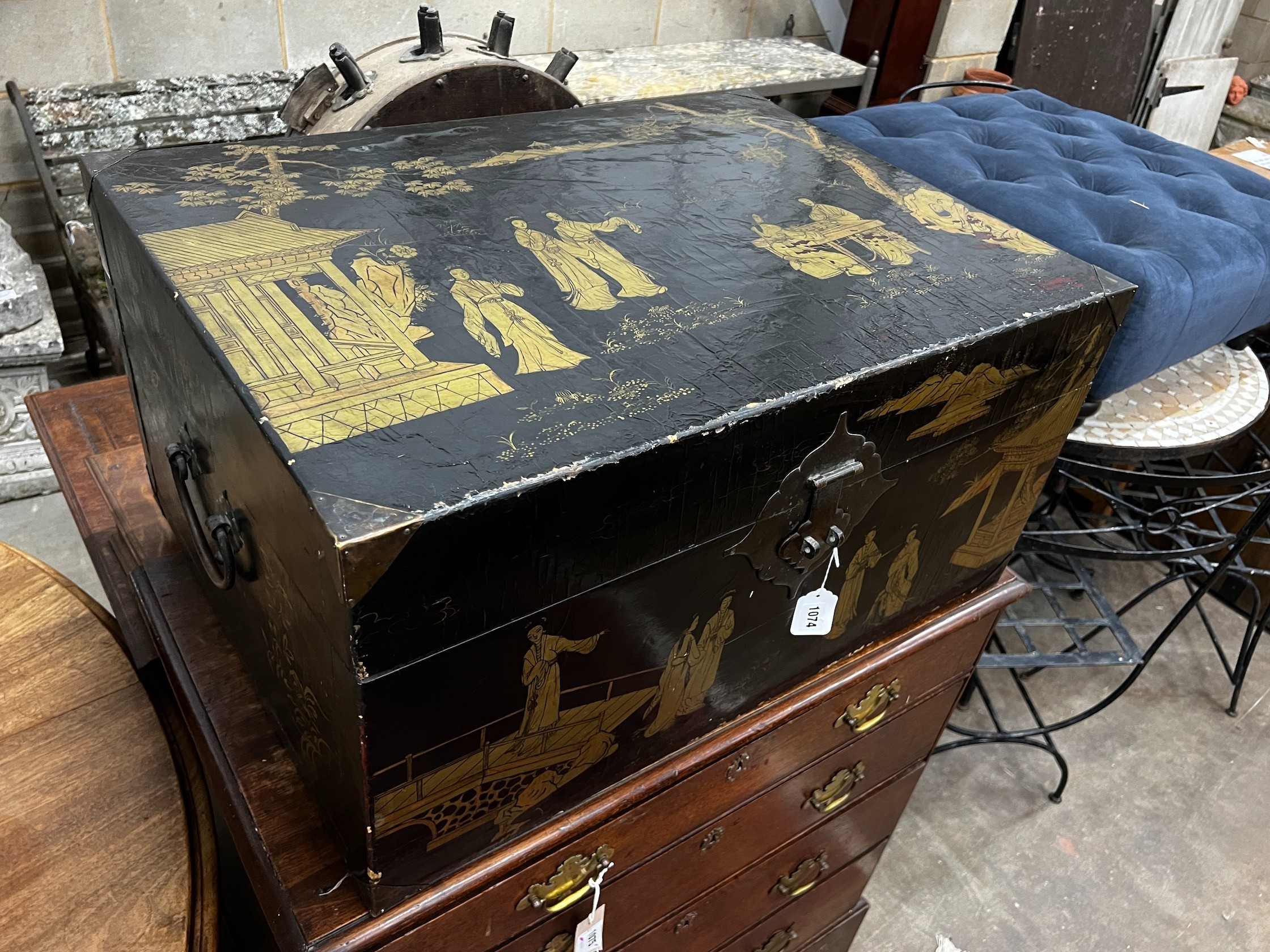 A 19th century Chinese lacquered trunk, width 78cm depth 56cm height 39cm